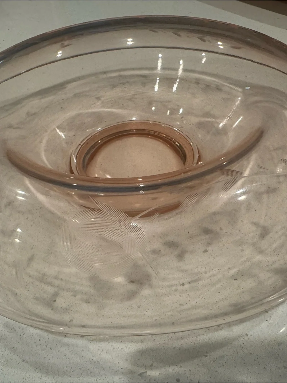 Pink Depression Glass Console Bowl with Etched Floral Details 11”